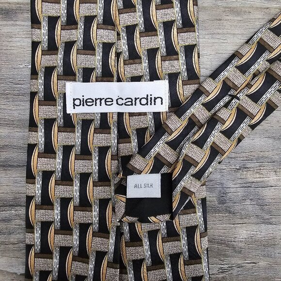 Pierre Cardin Men's Classic Geometric Long Silk Black And Gold Necktie - Picture 5 of 8